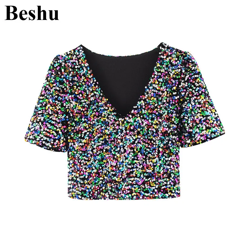 za 2020 fashion blouse women colorful sequin V-neck short sleeve side zipper short blouse tops female sexy chic blusas mujer
za 2020 fashion blouse women colorful sequin V-neck short sleeve side zipper short blouse tops female sexy chic blusas mujer