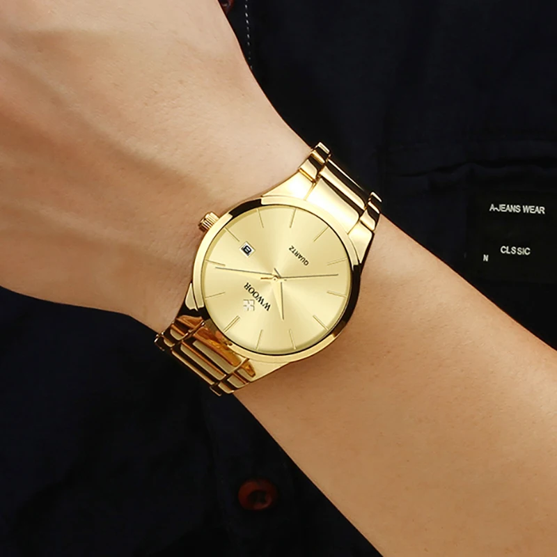 Мужские часы WWOOR 2021 роскошный бренд Золотые полностью Стальные кварцевые