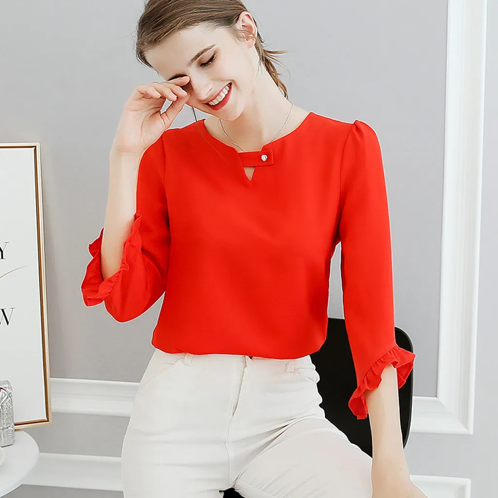 Blusas mujer de moda 2019 женская летняя офисная однотонная шифоновая рубашка с v-образным