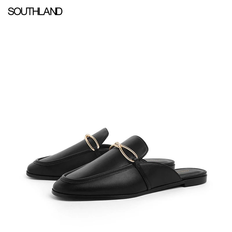 

SOUTHLAND Square Toe Sandals Versatile Ladies metal buckle accessories Flat heel Muller shoes Lazy slippers Mules
