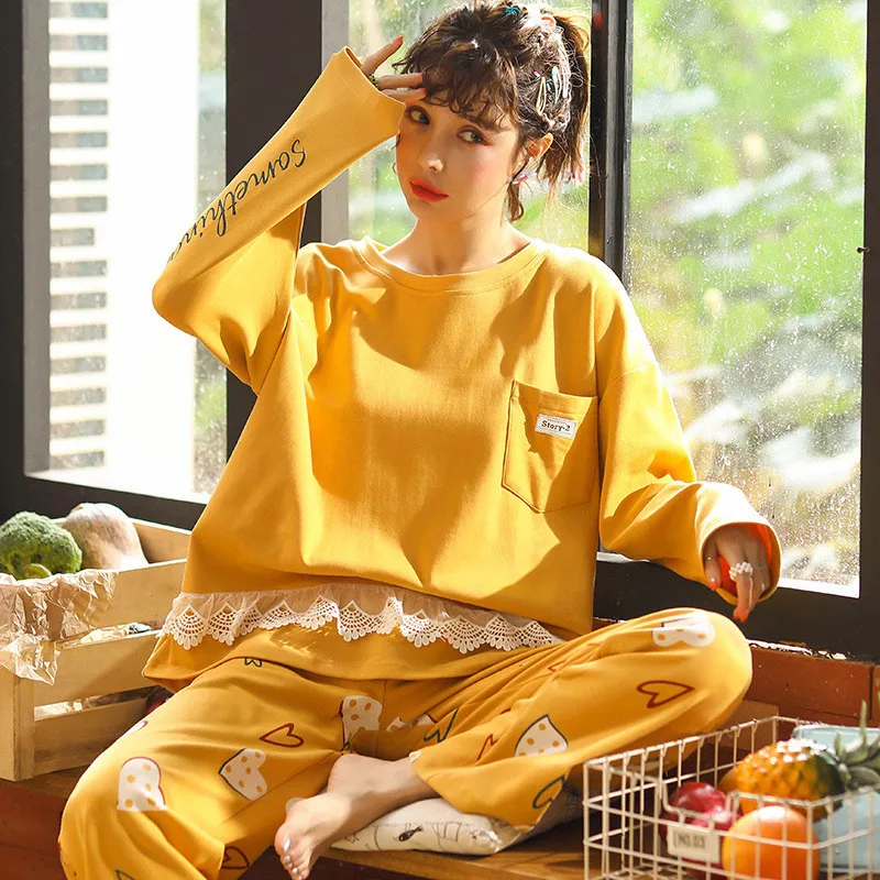 JULY'S SONG Cotton Pajamas Set 2 Pieces Women Yellow Sleepwear Lace Love Print Cute Spring Autumn Sleepwear Long Sleeve Homewear
JULY'S SONG Cotton Pajamas Set 2 Pieces Women Yellow Sleepwear Lace Love Print Cute Spring Autumn Sleepwear Long Sleeve Homewear