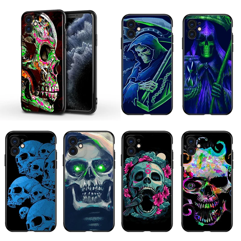 

Grim Reaper Skull Skeleton For Apple iPhone 13 12 11 Mini XS XR X Pro MAX SE 2020 8 7 6 5 5S Plus Black Silicone Phone Case