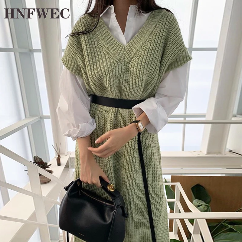 Korean 2 Piece Set Turn-down Collar Long Sleeve White Shirt + Chic Sashes V-neck Split Knitted Vest Dress Women New Suit V696
Korean 2 Piece Set Turn-down Collar Long Sleeve White Shirt + Chic Sashes V-neck Split Knitted Vest Dress Women New Suit V696