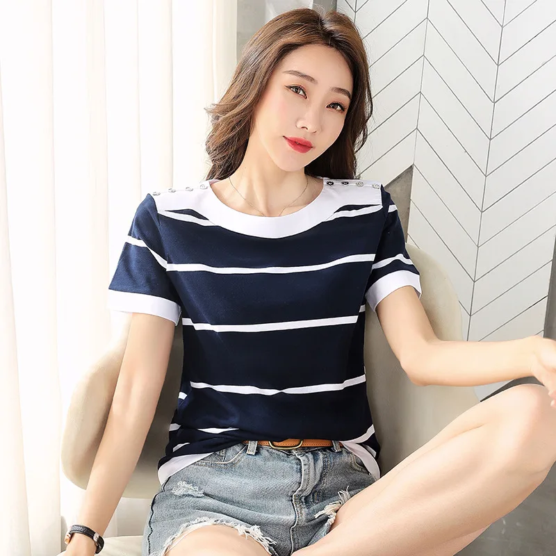 High Quality Striped Cotton Tshirts Women Oneck Summer Tops Casual Chic Elegant Tees Short Sleeved Women Clothing
High Quality Striped Cotton Tshirts Women Oneck Summer Tops Casual Chic Elegant Tees Short Sleeved Women Clothing