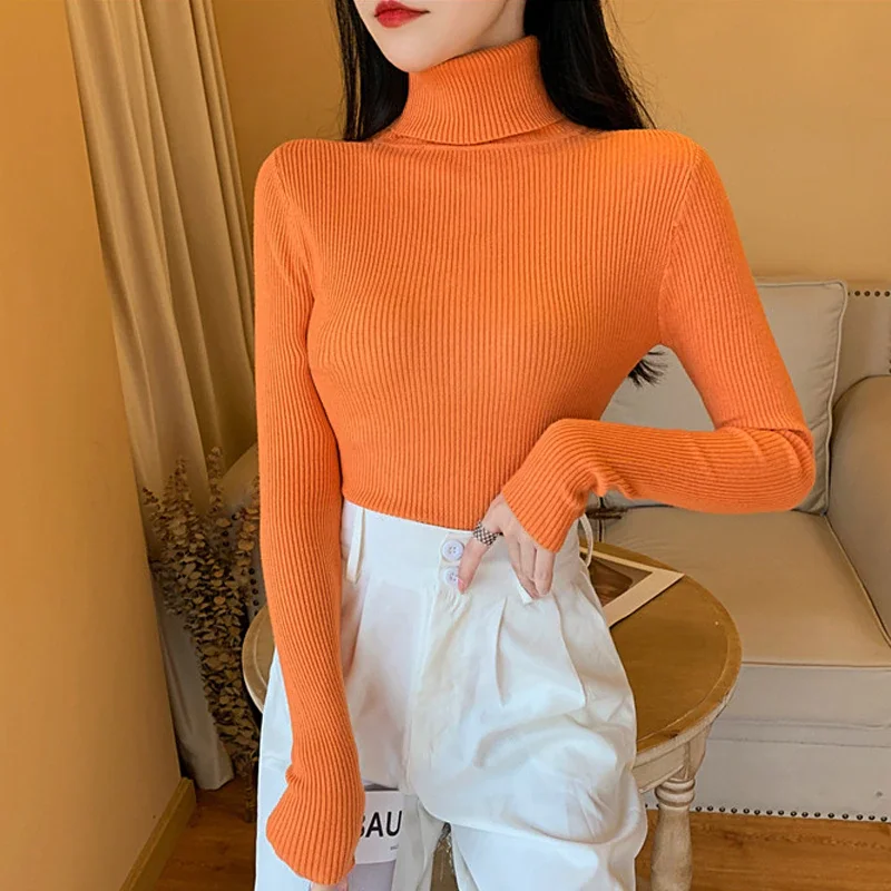 

55% OFF 2021 Spring Summer long sleeve Knitted foldover Turtleneck Ribbed Pull Sweater Soft Warm Femme Jumper Pullover Clothes