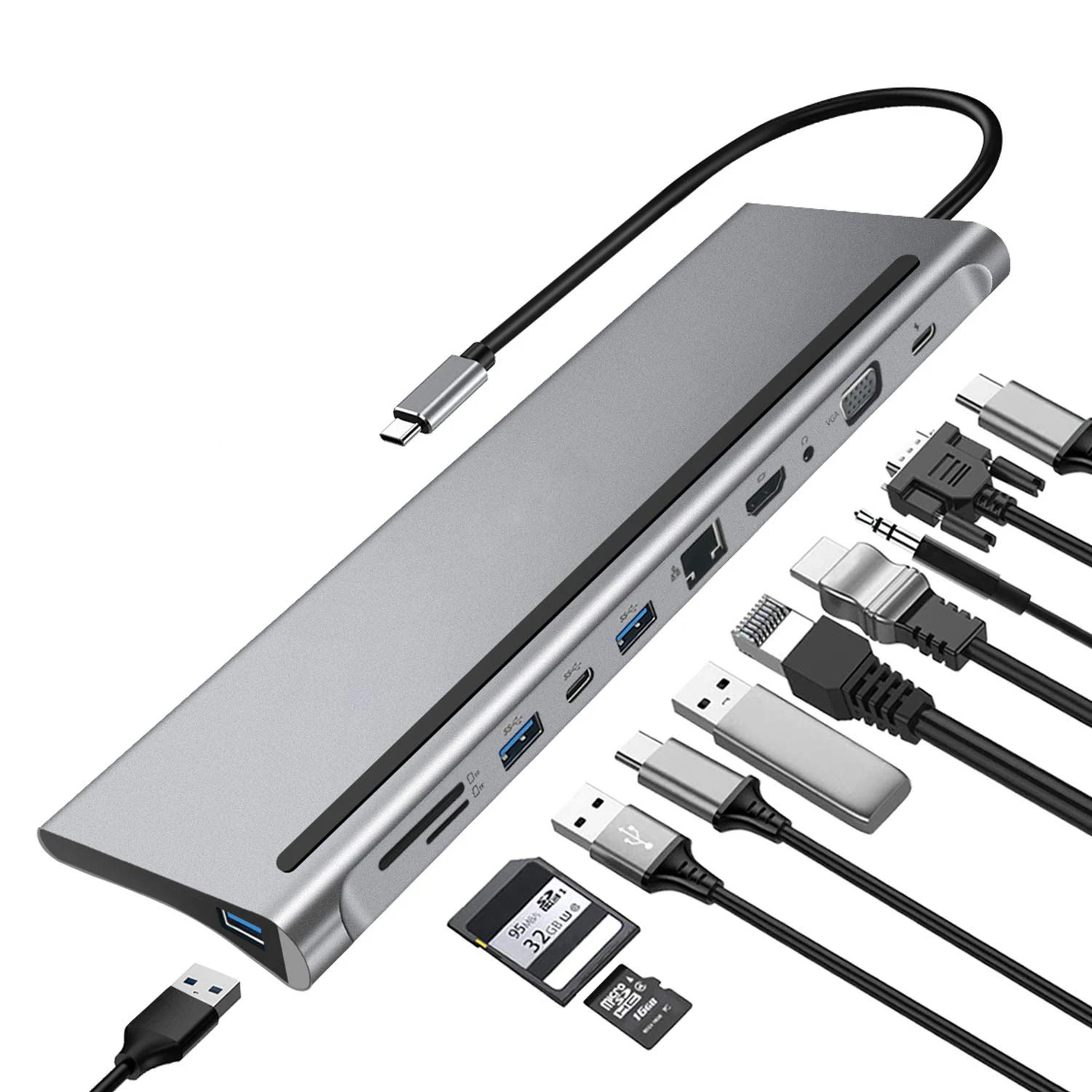 

Док-станция для ноутбука с кабелем 11 в 1 Type-c на два HDMI/VGA/USB 3,0 Hub/PD/RJ/Micro-SD/TF карты док-станция адаптер до 87 Вт