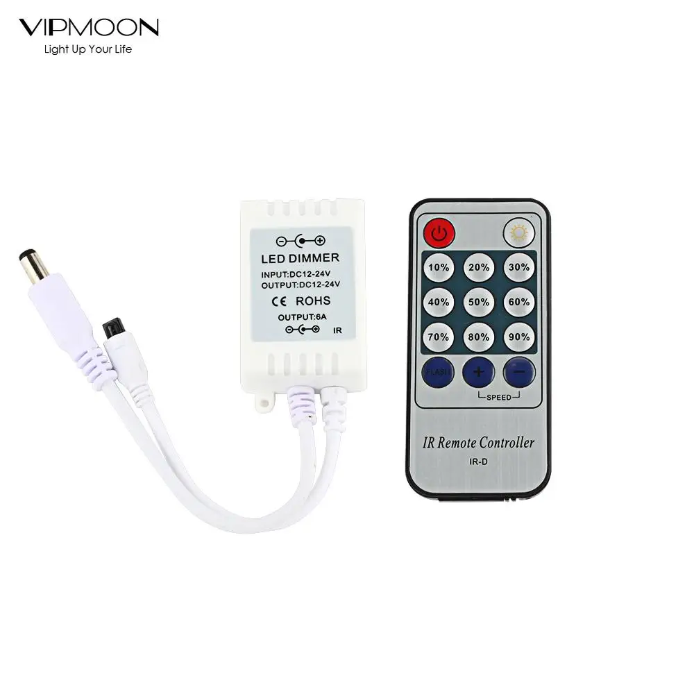 VIPMOON DC 5V-24V 6A Wireless LED Dimmer IR Controller 14Key Remote Brightness Adjustable for Single Color 5050 LED Strip Light
VIPMOON DC 5V-24V 6A Wireless LED Dimmer IR Controller 14Key Remote Brightness Adjustable for Single Color 5050 LED Strip Light