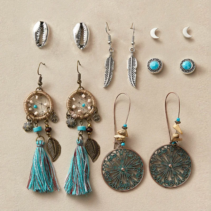 National retro Bohemian Pendant Earrings suitable for women's dream catcher shell Feather Earrings suit 6 pairs of earrings
National retro Bohemian Pendant Earrings suitable for women's dream catcher shell Feather Earrings suit 6 pairs of earrings