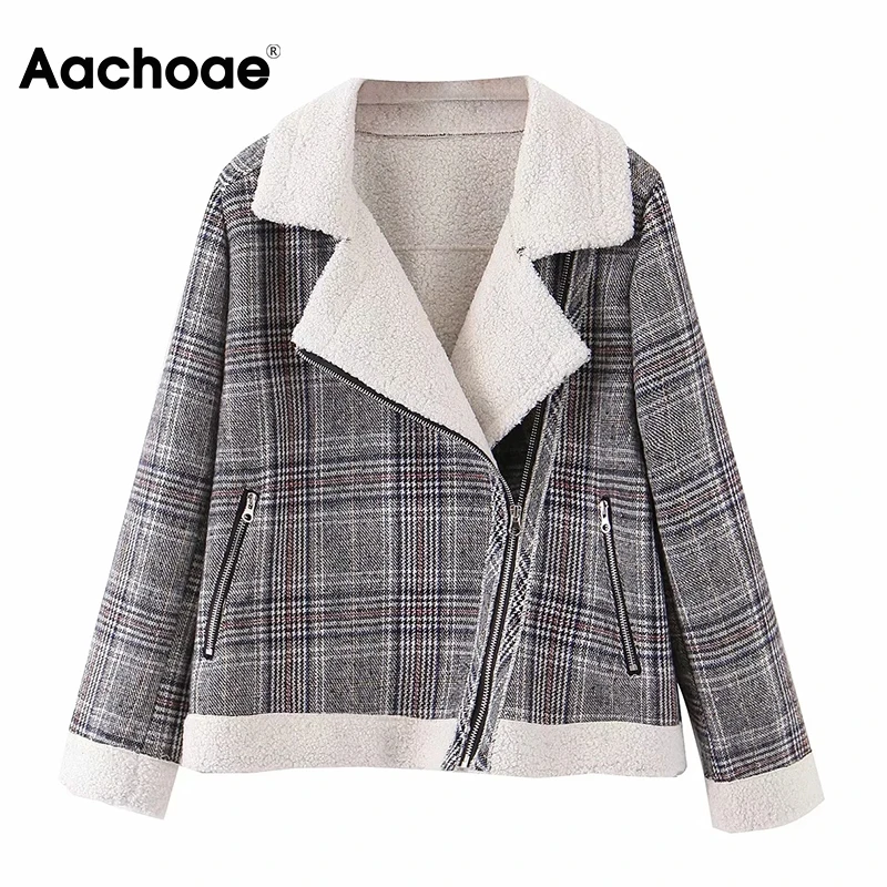 

Женская клетчатая куртка Aachoae, модная винтажная флисовая верхняя одежда в стиле пэчворк с длинным рукавом и молнией, плотное теплое пальто, ...