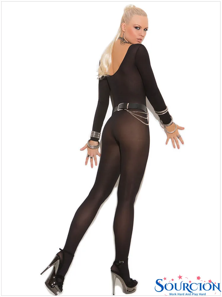

Sourcion Crotchless Sheer Bodystocking Full Body Pant Ultra-thin Transparent Long-sleeve Open Crotch Strap Tights Lingerie Teddy
