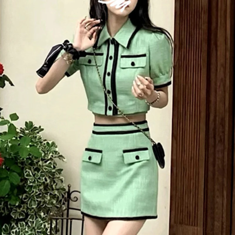 Korean Sweet Fashion Skirt Suits Women Outfits Short Jacket Coat Crop Top + Vest + Bodycon Mini Skirt Set Green Girls 3pcs Sets
Korean Sweet Fashion Skirt Suits Women Outfits Short Jacket Coat Crop Top + Vest + Bodycon Mini Skirt Set Green Girls 3pcs Sets