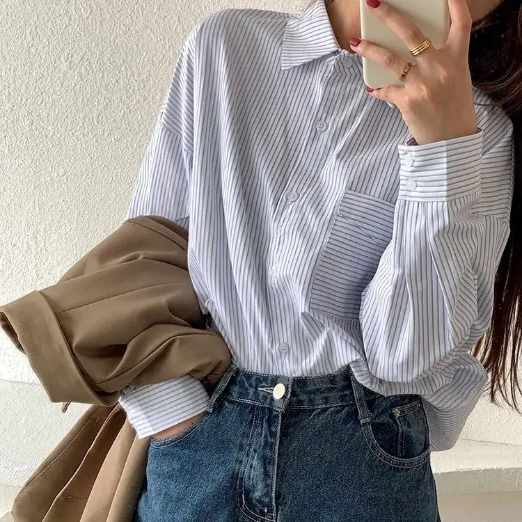 Blue Stripped Shirts Preppy Ofiice Laies Tops Women Fashion Long Sleeve Autumn Blouses Casual Vintage Button Shirts
Blue Stripped Shirts Preppy Ofiice Laies Tops Women Fashion Long Sleeve Autumn Blouses Casual Vintage Button Shirts