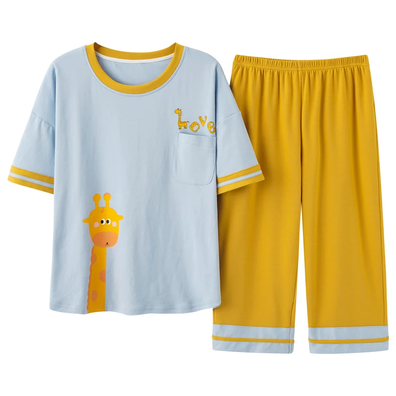 Summer Cartoon Giraffe Print Pajamas Set Women Short Sleeve Sleepwear Plus Size Loose Calf-Length Pants Cotton Femme Homewear
Summer Cartoon Giraffe Print Pajamas Set Women Short Sleeve Sleepwear Plus Size Loose Calf-Length Pants Cotton Femme Homewear