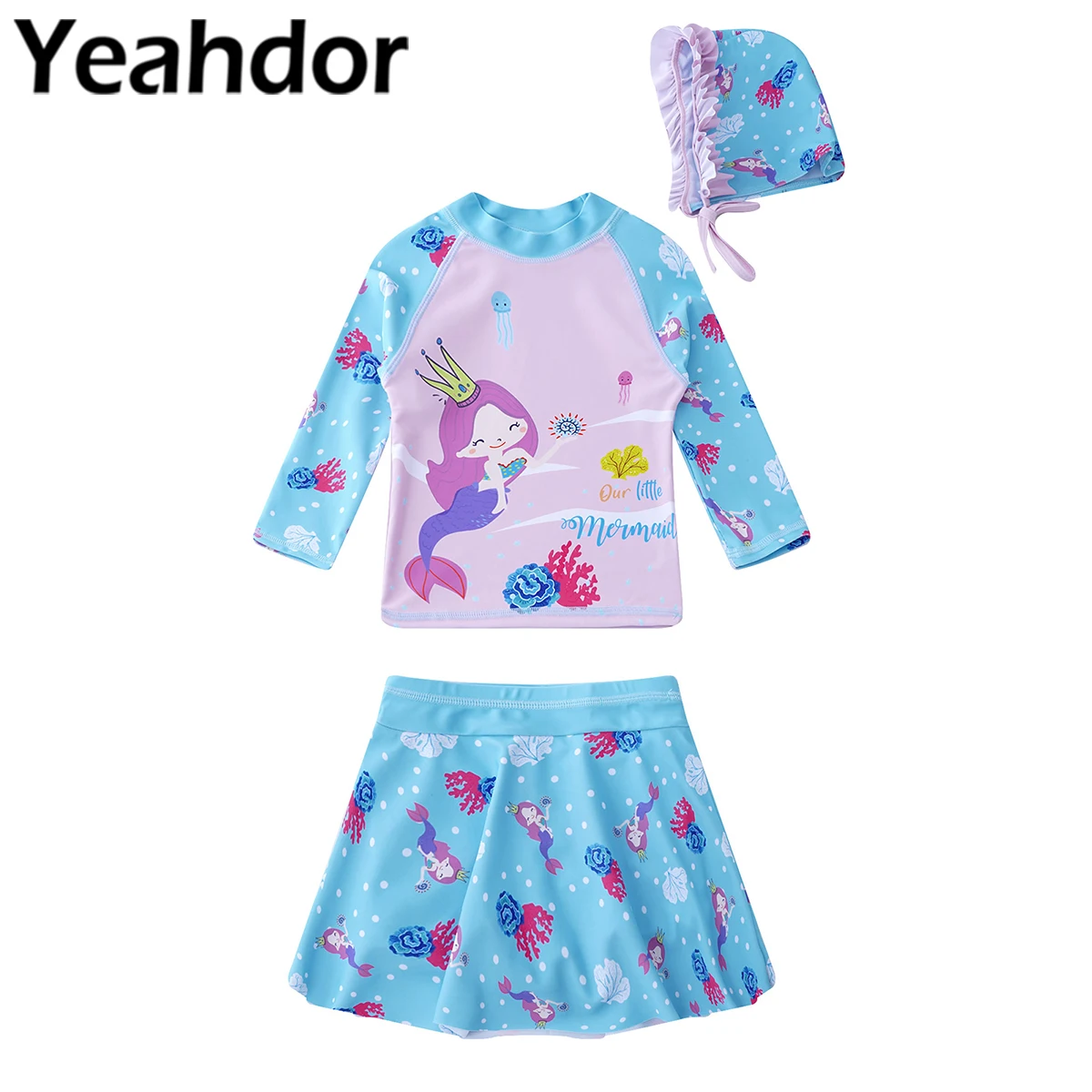 3Pcs Kids Girls Swimwear Swimming Suit Long Sleeves Mermaid Print Tops with Skirt and Hat Set Beach Bathing Rashguard Outfit
3Pcs Kids Girls Swimwear Swimming Suit Long Sleeves Mermaid Print Tops with Skirt and Hat Set Beach Bathing Rashguard Outfit