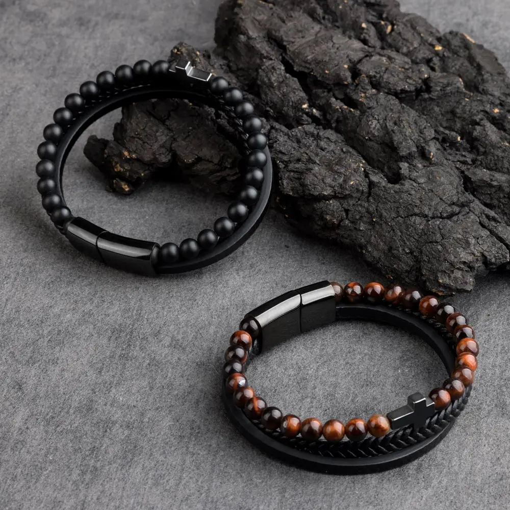 Genuine Leather Bracelet Natural Stone Hematite Cross Stainless Steel Magnetic Clasp Charm Punk Style Bracelets For Male Jewelry
Genuine Leather Bracelet Natural Stone Hematite Cross Stainless Steel Magnetic Clasp Charm Punk Style Bracelets For Male Jewelry