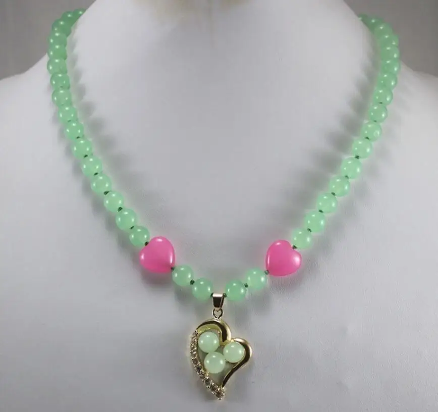 

Free shipping wholesale 18" light green Jade necklace & gp heart inlay 3Natural jade beads design pendant nacklace