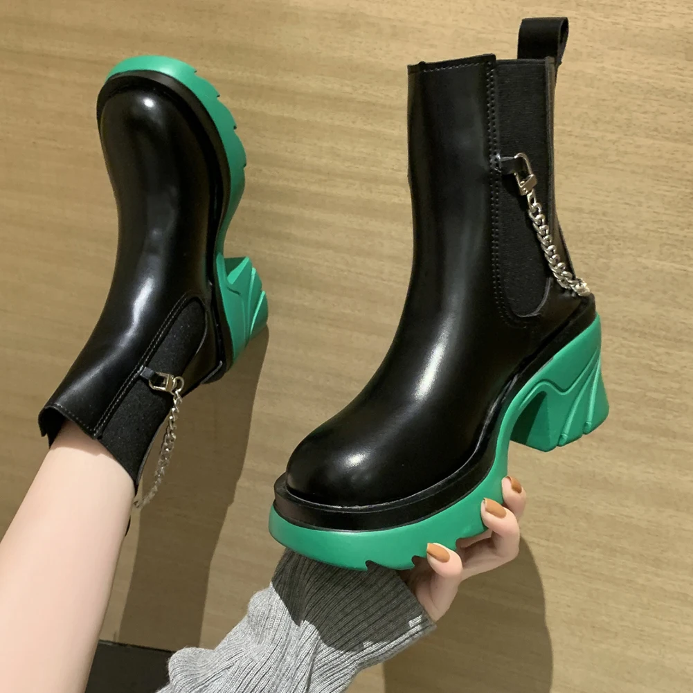 

KarinLuna Dropship Female Modern Boots Platform Square Heel Round Toe Slip-On Med Heel Ankle Boots With Chain Walking Comfy