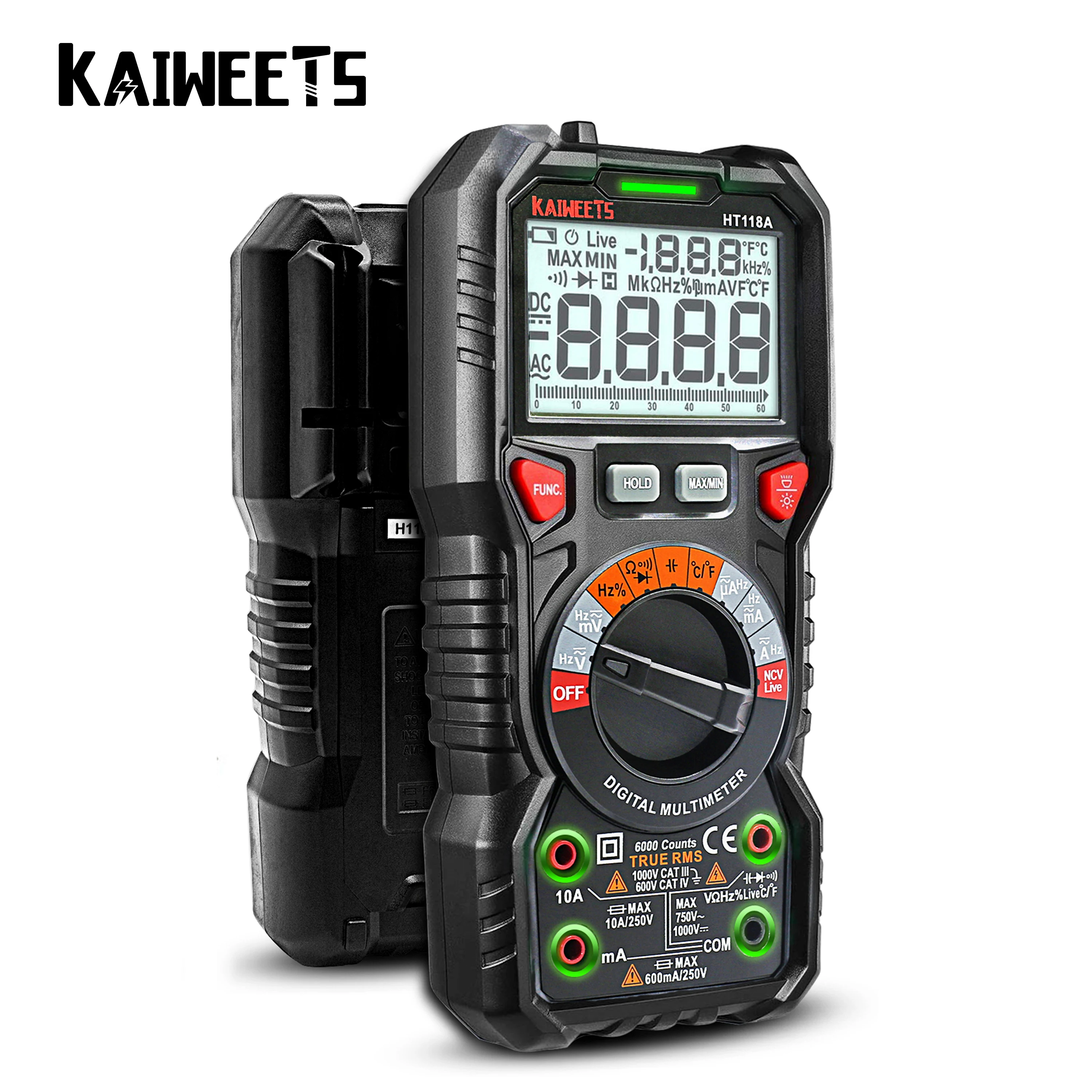 KAIWEETS HT118A NEW Digital Multimeter Ture RMS Auto Range Multimetro 1000V 10A AC DC Ohm Hz NCV Live Voltage Temperature Meter
KAIWEETS HT118A NEW Digital Multimeter Ture RMS Auto Range Multimetro 1000V 10A AC DC Ohm Hz NCV Live Voltage Temperature Meter