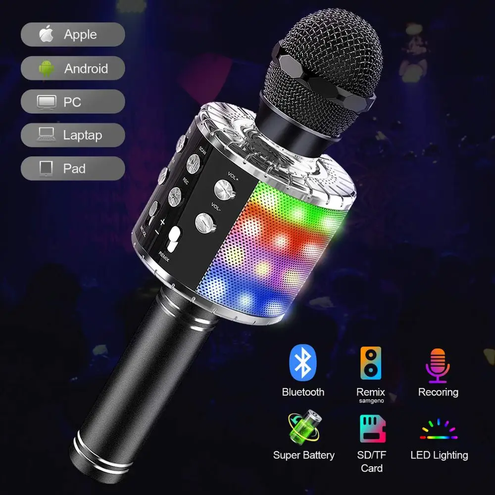 Wireless Karaoke Microphone, 4 in 1 Bluetooth Microphone for Kids With Led Lights Speaker Record Remix Function
Wireless Karaoke Microphone, 4 in 1 Bluetooth Microphone for Kids With Led Lights Speaker Record Remix Function