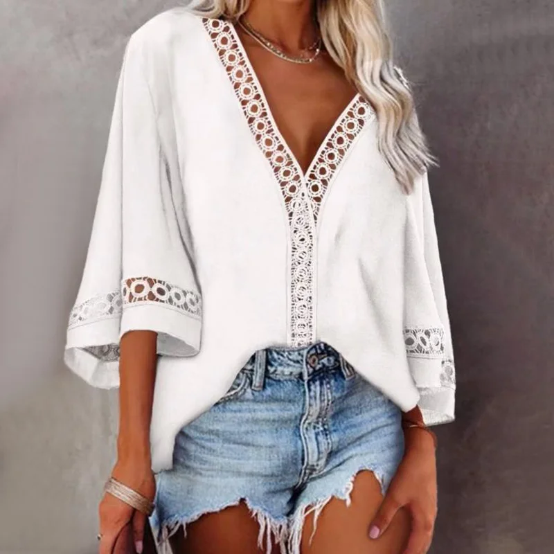 Women's Lace Hollow Out Deep V-Neck Blouse Half Sleeve Sexy Patchwork Chic Female Solid Tops Summer Ladies Loose Casual Blouses
Women's Lace Hollow Out Deep V-Neck Blouse Half Sleeve Sexy Patchwork Chic Female Solid Tops Summer Ladies Loose Casual Blouses