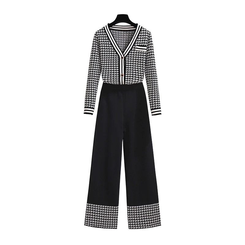 Autumn Sweet Quality Plover Case Color Matching Grid Knitting Cardigan V Neck Top Straight Wide-Legged Pants Knitted Suit Lady
Autumn Sweet Quality Plover Case Color Matching Grid Knitting Cardigan V Neck Top Straight Wide-Legged Pants Knitted Suit Lady