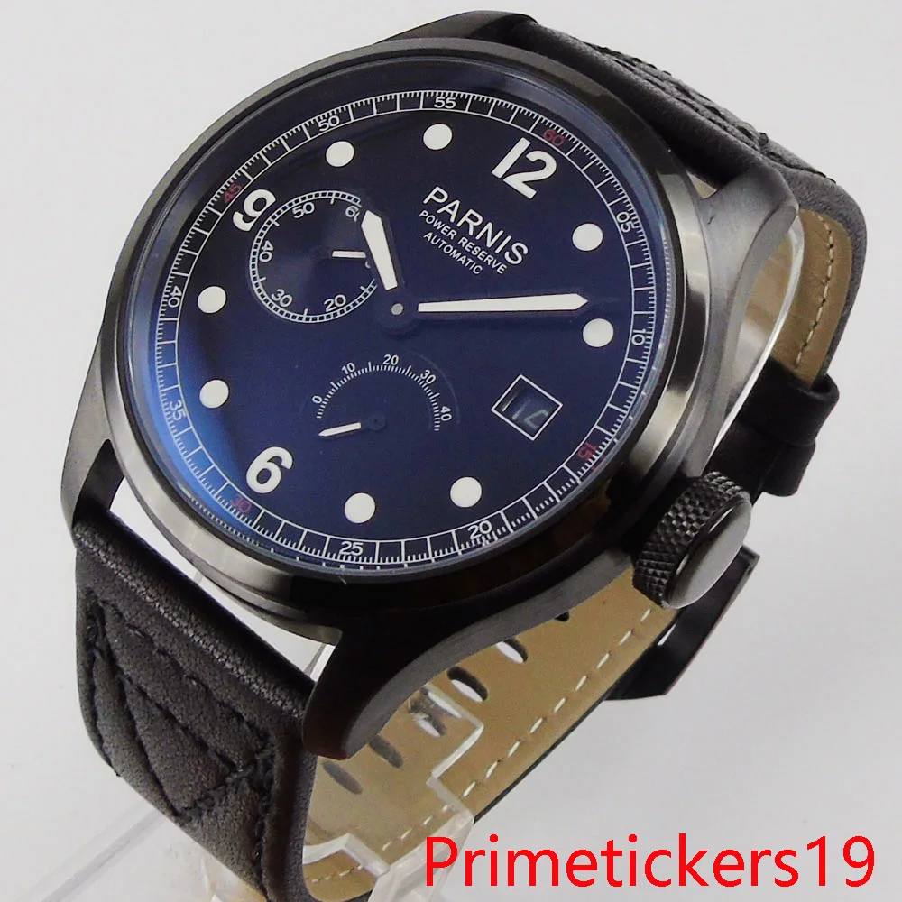 

PARNIS 46mm black dial automatic men wristwatch ST2530 movement power reserve date indicator luminous hands