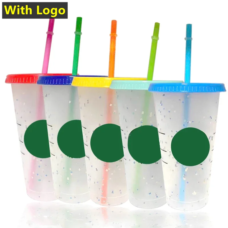 

700ml Straw Cup With Logo Graduated Colorful Transparent Cold Drink Color Changing Mug Plastic Tumbler Confetti Cups With Lid