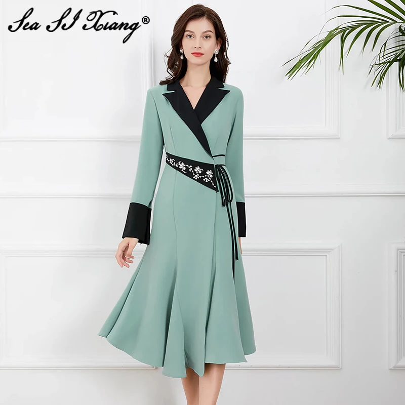 Seasixiang Fashion Designer Autumn Dresss Women Turn-down Collar Flare Sleeve Crystal Beading Lace Up Hit the Color Midi Dresses
Seasixiang Fashion Designer Autumn Dresss Women Turn-down Collar Flare Sleeve Crystal Beading Lace Up Hit the Color Midi Dresses