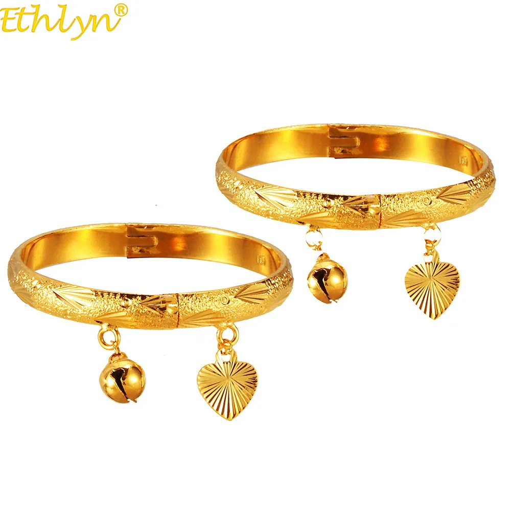 

Ethlyn 2pcs/lot Gold Color Bangle Blessing Luck Girls/Kids Charm Heart Bells Pendant Bracelet Jewelry Child Birthday Gifts B206