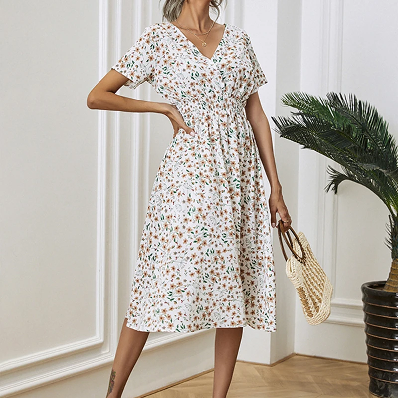 2021 Summer Women's Elegant Fashion Retro Floral Print Dress Casual Beach V-neck Short-sleeved A-line Chiffon Dress Vestidos
2021 Summer Women's Elegant Fashion Retro Floral Print Dress Casual Beach V-neck Short-sleeved A-line Chiffon Dress Vestidos