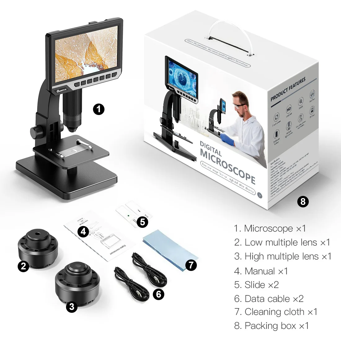 2000X Dual Lens Digital Microscope 7-inch HD IPS Large Screen Multiple Lens Observation Support Computer Viewing
2000X Dual Lens Digital Microscope 7-inch HD IPS Large Screen Multiple Lens Observation Support Computer Viewing