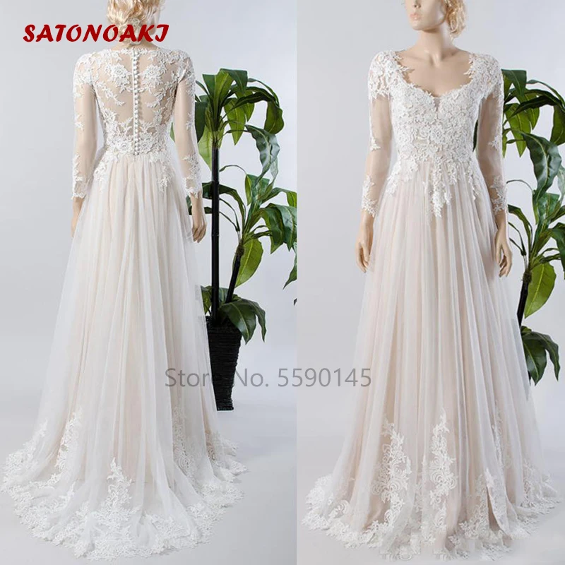 Beach Illusion Wedding Dress Lace Tulle Button Back Champagne Bride Gown A Line Sweep Train Long Sleeve Vestido De Novia Online
Beach Illusion Wedding Dress Lace Tulle Button Back Champagne Bride Gown A Line Sweep Train Long Sleeve Vestido De Novia Online
