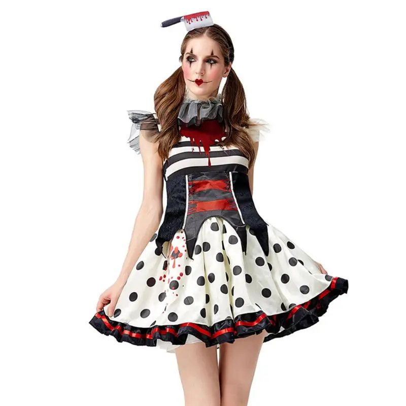 Women Halloween Scary Bloody Clown Tutu Dress with Knife Headband Collar Striped Polka Dot Circus Zombie Cosplay Costume
Women Halloween Scary Bloody Clown Tutu Dress with Knife Headband Collar Striped Polka Dot Circus Zombie Cosplay Costume
