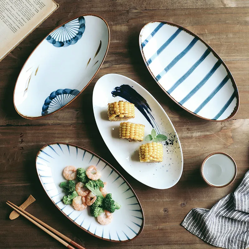 

11-дюймовая керамическая тарелка для суши в японском стиле ручной подглазурная роспись овальное блюдо