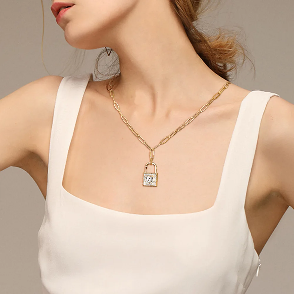 Trendy 26 initial Padlock Necklace for Women Jewelry Shiny Crystal Alphabet Pendant Stainless Steel Chain Choker for Girl Birthd 
Trendy 26 initial Padlock Necklace for Women Jewelry Shiny Crystal Alphabet Pendant Stainless Steel Chain Choker for Girl Birthd