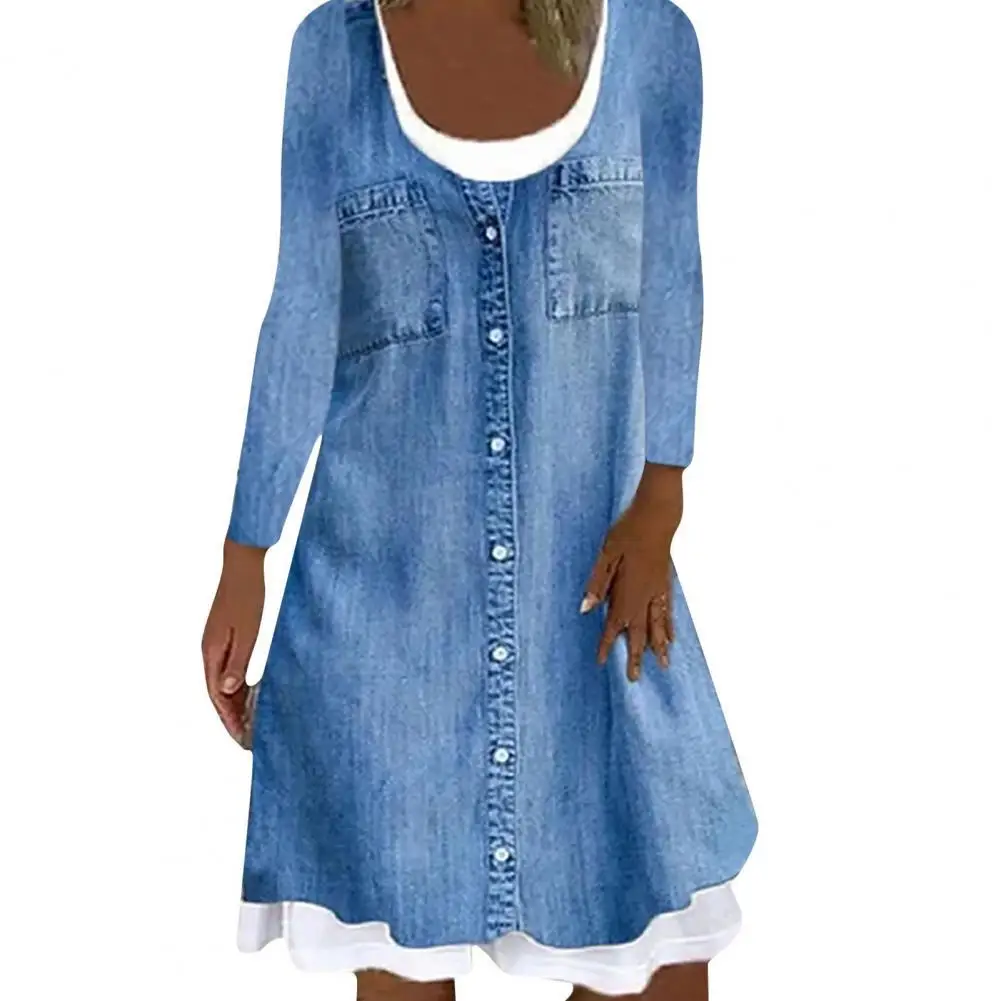 Imitation Denim Dress Fake Two Piece Large Hem Autumn Round Neck Single-breasted Dress Streetwear
Imitation Denim Dress Fake Two Piece Large Hem Autumn Round Neck Single-breasted Dress Streetwear
