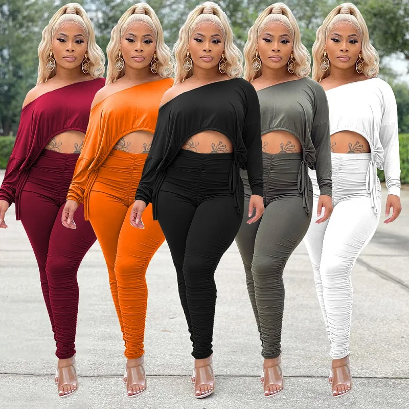 2021 Autumn New Fashion Women's Wear Sexy Off Shoulder Bat Sleeve Pleated Exposed Navel Women's Suit Pleated Leggings Suit
2021 Autumn New Fashion Women's Wear Sexy Off Shoulder Bat Sleeve Pleated Exposed Navel Women's Suit Pleated Leggings Suit