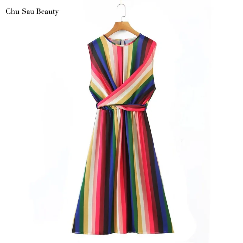 Chu Sau Beauty New Women Rainbow Striped Dress Fashionable Sleeveless Midi Skirt With Waist Bow Tie Design At The Waist
Chu Sau Beauty New Women Rainbow Striped Dress Fashionable Sleeveless Midi Skirt With Waist Bow Tie Design At The Waist