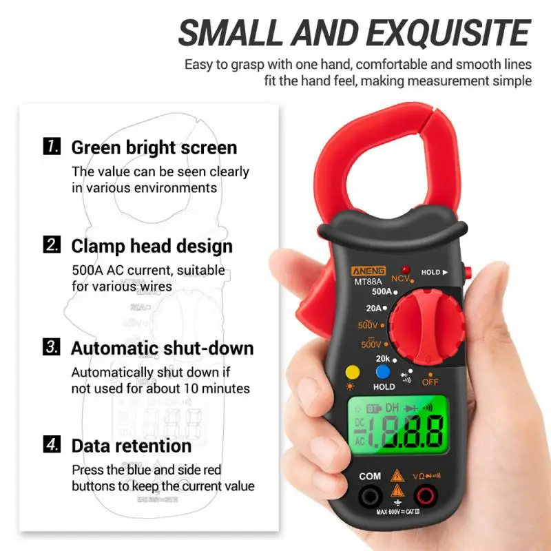 ANENG MT88A Clamp Meter LCD Backlight Digital Display Multimeter DC/AC Voltage AC Current Tester Frequency Capacitance NCV Test
ANENG MT88A Clamp Meter LCD Backlight Digital Display Multimeter DC/AC Voltage AC Current Tester Frequency Capacitance NCV Test