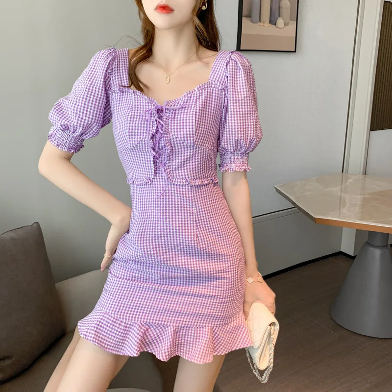 Purple White Plaid Dress Women 2020 Summer High Waist Slim Designer Puff Sleeve Short Night Dress Robe Ete Vestido Mujer Verano
Purple White Plaid Dress Women 2020 Summer High Waist Slim Designer Puff Sleeve Short Night Dress Robe Ete Vestido Mujer Verano