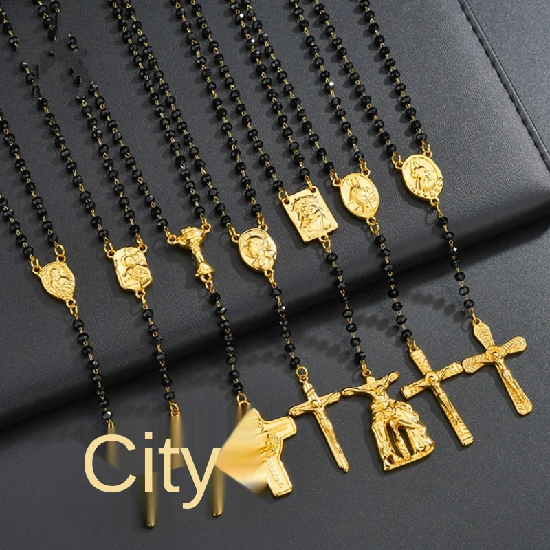 Vintage Religious Cross Jesus Pendant Necklace Titanium Steel Double Pendant Black Rosary Necklaces Women's Jewelry 21.65 Inches
Vintage Religious Cross Jesus Pendant Necklace Titanium Steel Double Pendant Black Rosary Necklaces Women's Jewelry 21.65 Inches