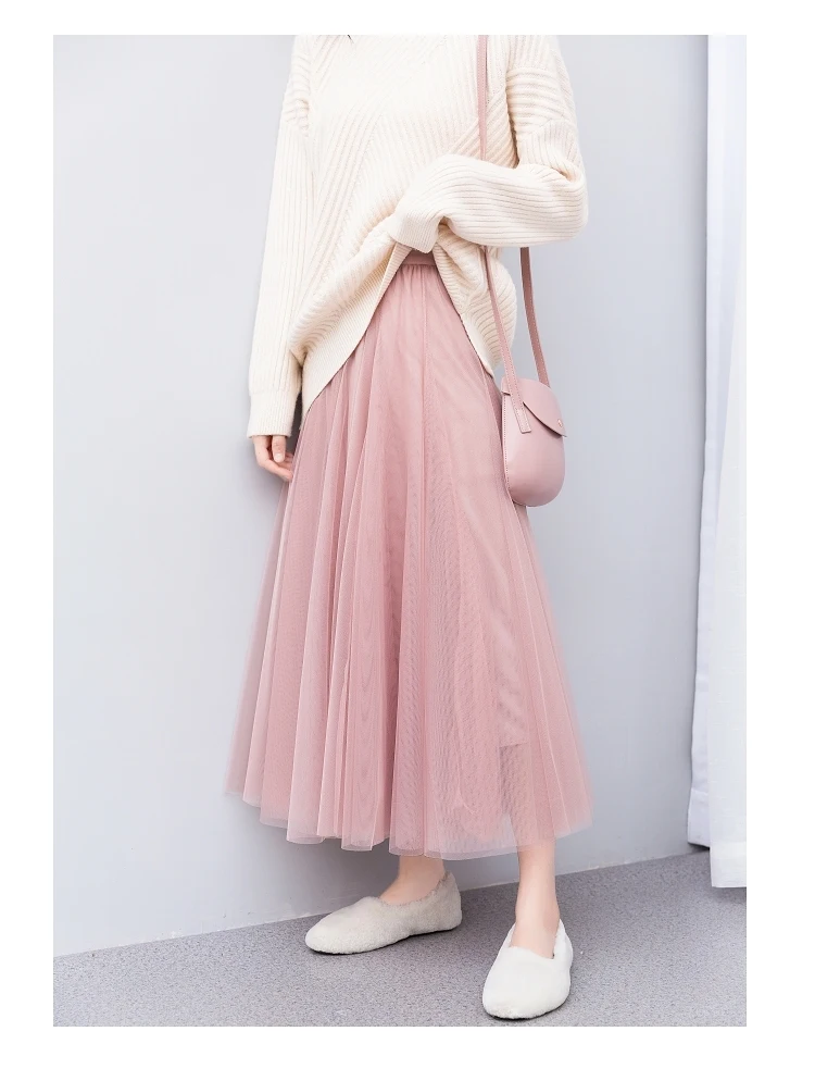 RoseDiary High Quality Layered Mesh Elastic Waist Midi Long Skirts Summer Fall A Line Solid Color Casual Skirts Saia Ball Gown