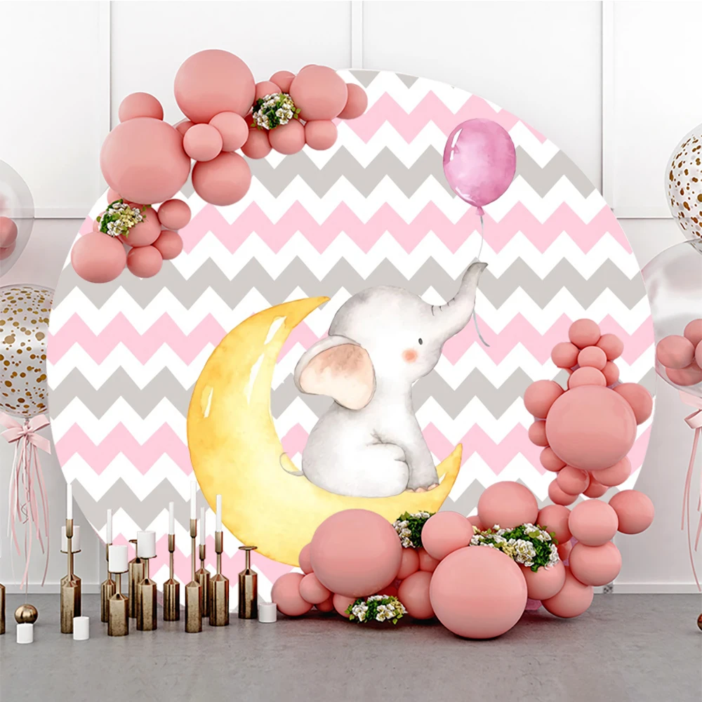 

Laeacco Sweet Elephant Baby Shower Backdrop Moon Pink Balloon Stripes Birthday Party Round Background Circle Photo Backdrop