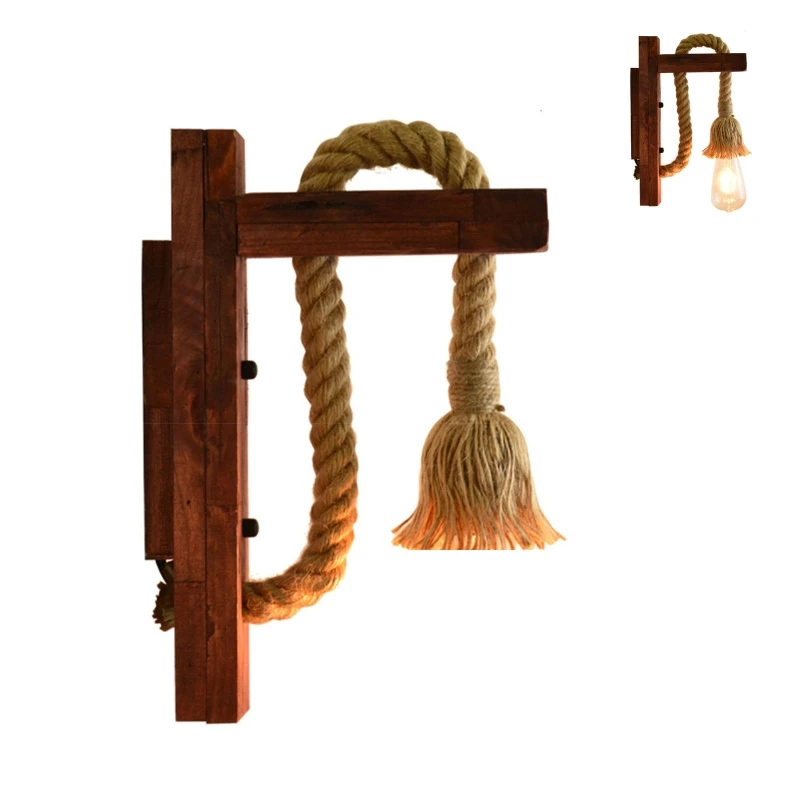 

E27 American Style Pastoral Hemp Rope Vintage Wooden Wall Lamp(Without Bulb)