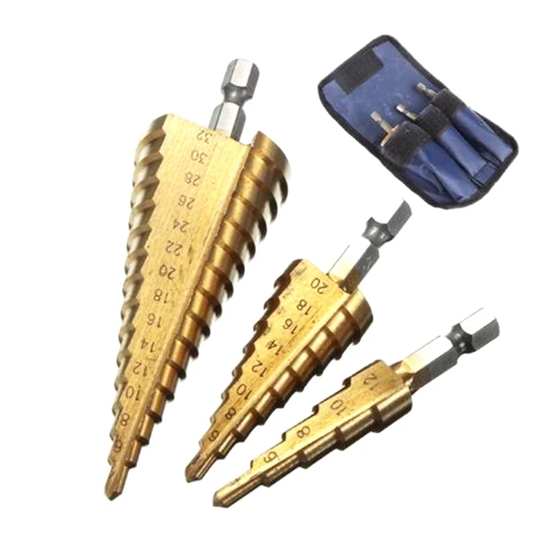 3Pc Step Drill Bit Set Cone Hole Cutter Taper Metric 4 - 12 / 20 / 32mm 1 / 4 Inch Titanium Coated Metal
3Pc Step Drill Bit Set Cone Hole Cutter Taper Metric 4 - 12 / 20 / 32mm 1 / 4 Inch Titanium Coated Metal