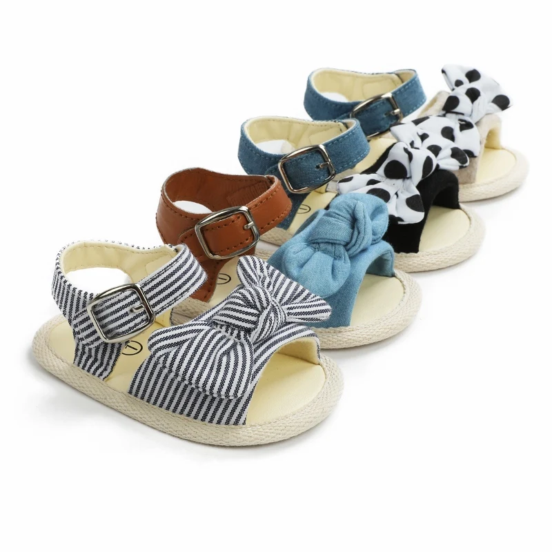 

Children Summer Shoes Sandles Newborn Infant Baby Girl Boy Soft Crib Shoes Infants Anti-slip Sneaker Striped Bow Prewalker 0-12M