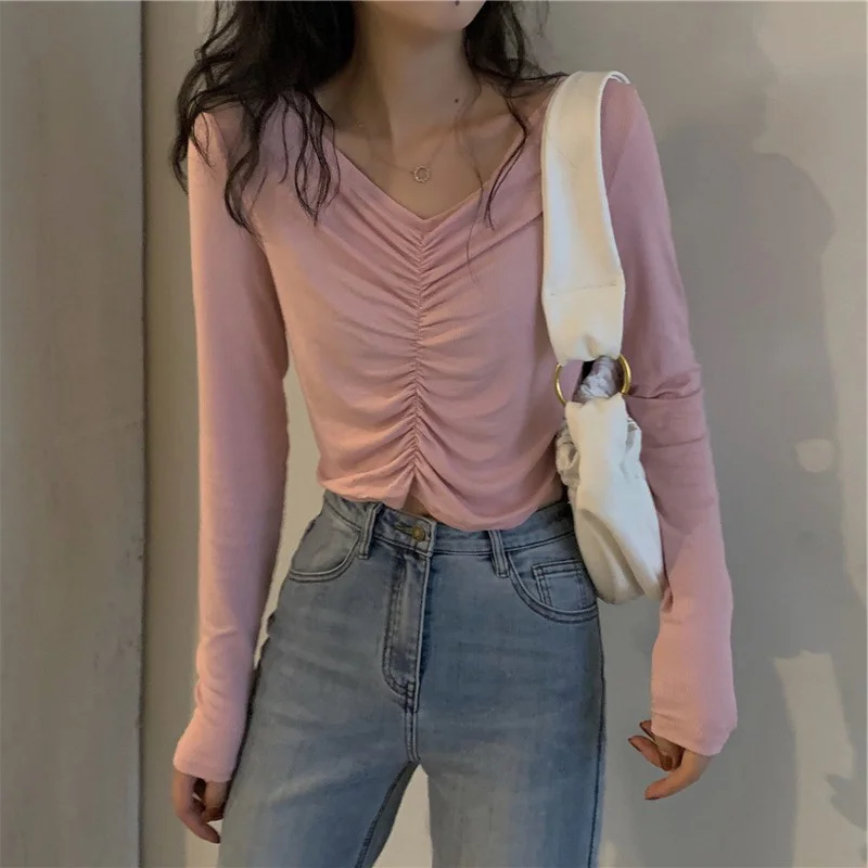Pink V-neck Pleated Long-sleeved T-shirt Thin Early Autumn Clothing 2021new Women's Hot Girl High Waist Short Knitted Top Kio
Pink V-neck Pleated Long-sleeved T-shirt Thin Early Autumn Clothing 2021new Women's Hot Girl High Waist Short Knitted Top Kio