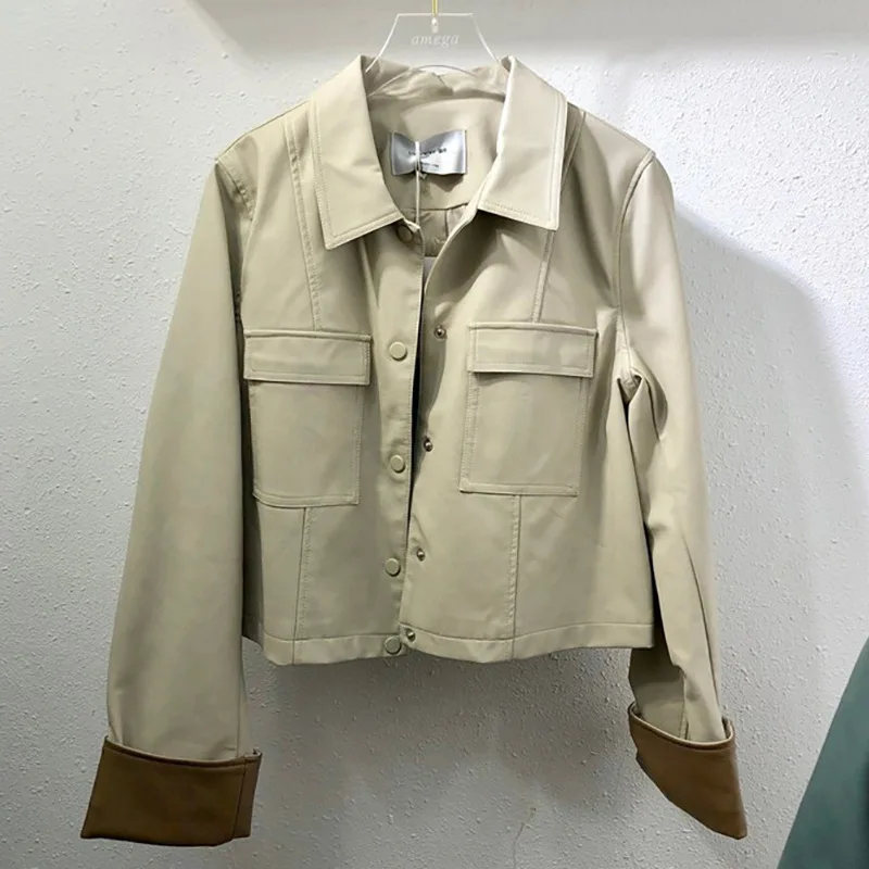 Spring Autumn New Korean Apricot Faux Leather Jacket Green Slim Short Coat Lapel Long Sleeve Single-breasted Biker Jacket Female
Spring Autumn New Korean Apricot Faux Leather Jacket Green Slim Short Coat Lapel Long Sleeve Single-breasted Biker Jacket Female