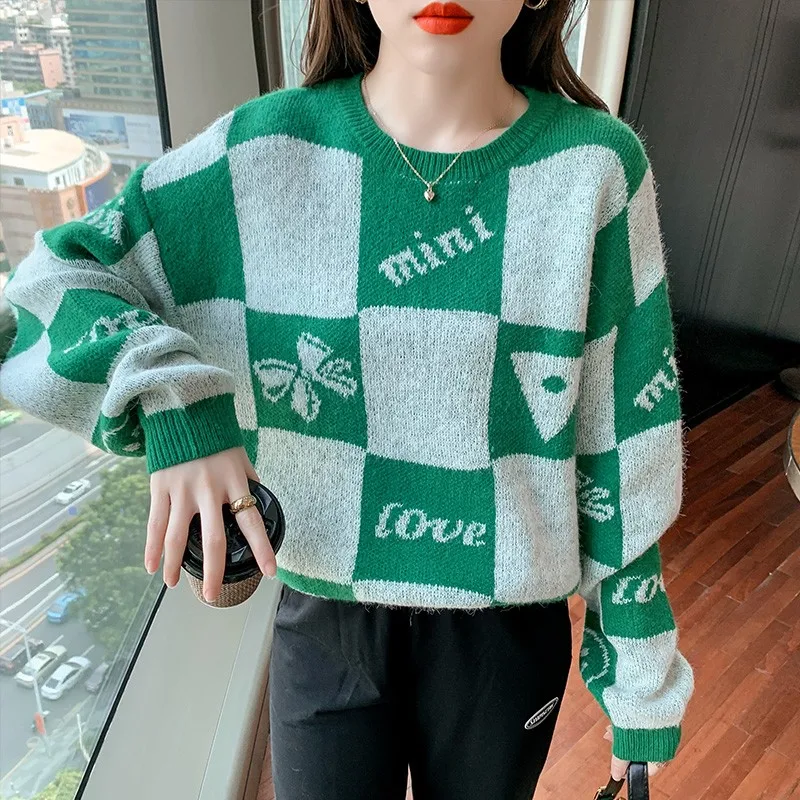 

GIRL Autumn Black V Neck Vintage Knit Sweater Casual Argyle Plaid Jumper Women 90s Preppy Style Long Sleeve Pullover 2021