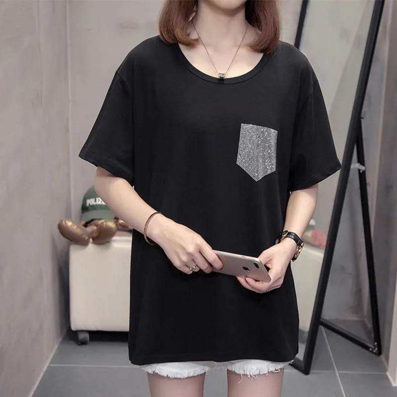 Cool Summer new Fashion Korean style Hot diamonds short-sleeve black tops for women Soft High Quality Round neck T-shirts female
Cool Summer new Fashion Korean style Hot diamonds short-sleeve black tops for women Soft High Quality Round neck T-shirts female